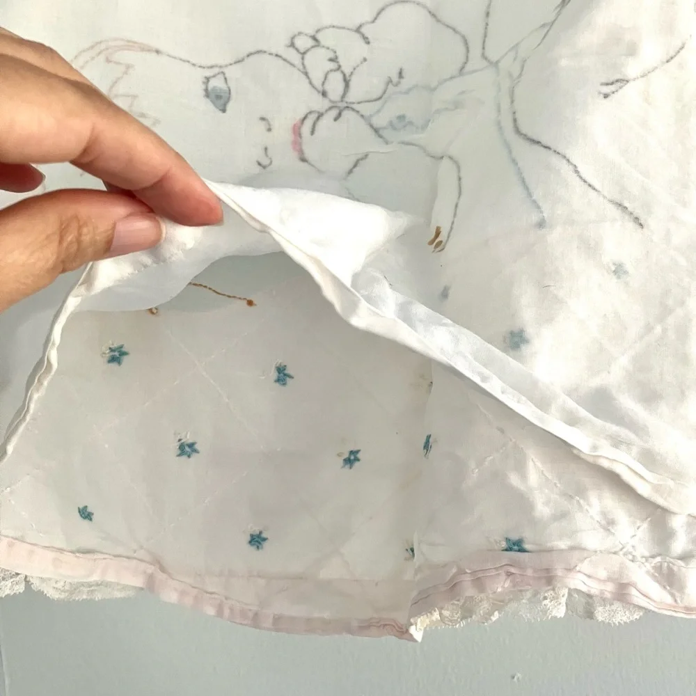 Vintage 20’s sheer cotton embroidered baby pillowcase lace trim